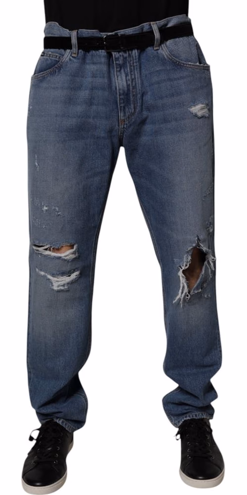 Dolce & Gabbana Blue Tattered Cotton Straight Denim Jeans