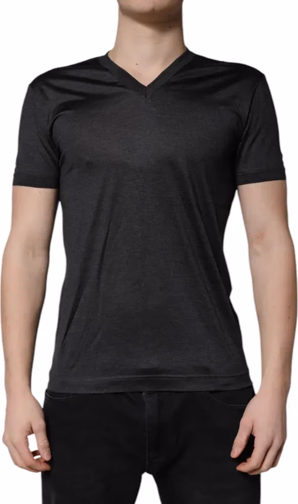 Dolce & Gabbana Dark Gray Silk V-neck Short Sleeves T-shirt