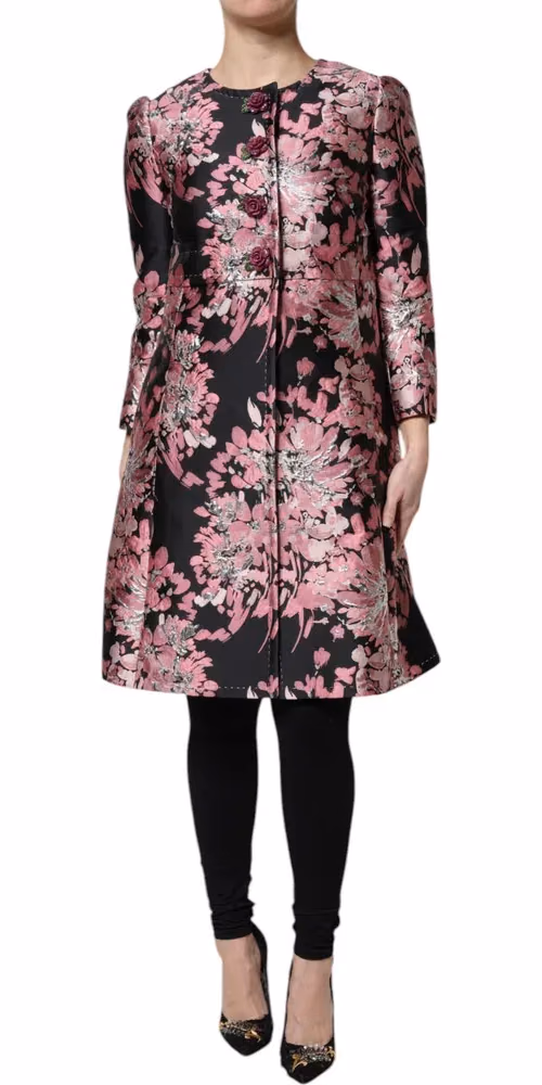 Dolce & Gabbana Pink Black Floral Brocade Trenchcoat Jacket