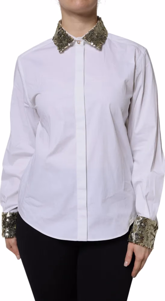 Dolce & Gabbana White Cotton Long Sleeves Sequin Shirt Top