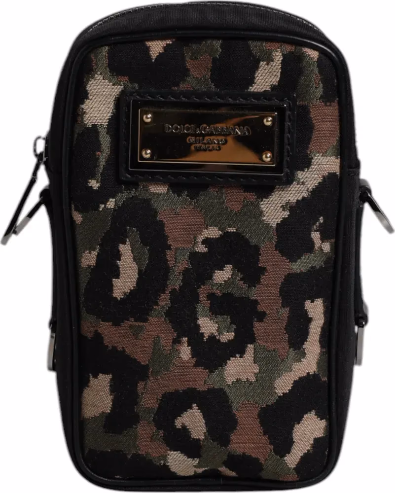 Dolce & Gabbana Multicolor Leopard Jacquard Logo Plaque Neck Strap Bag