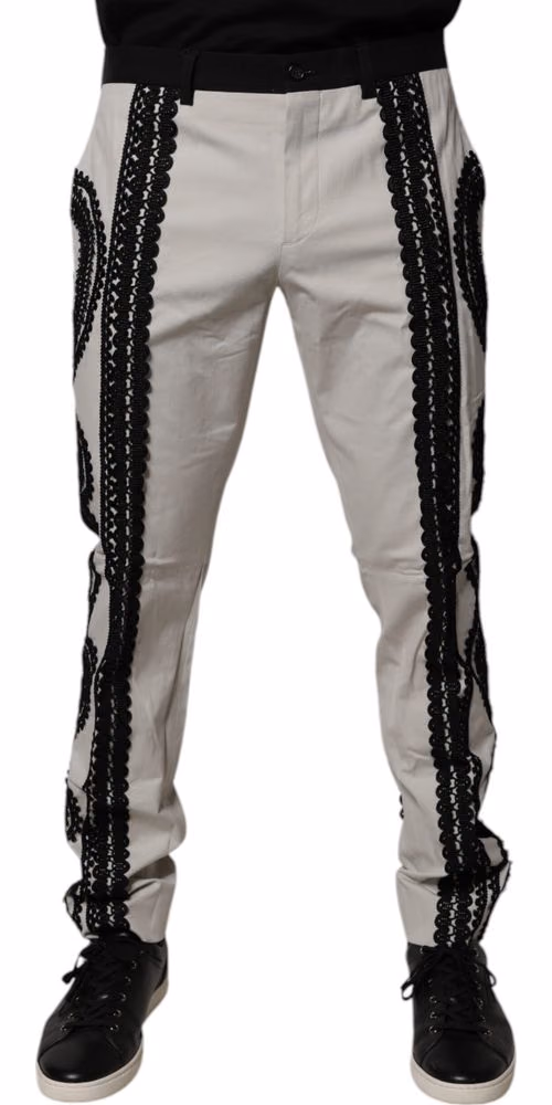 Dolce & Gabbana White Lace Trim Mid Waist Dress Formal Pants