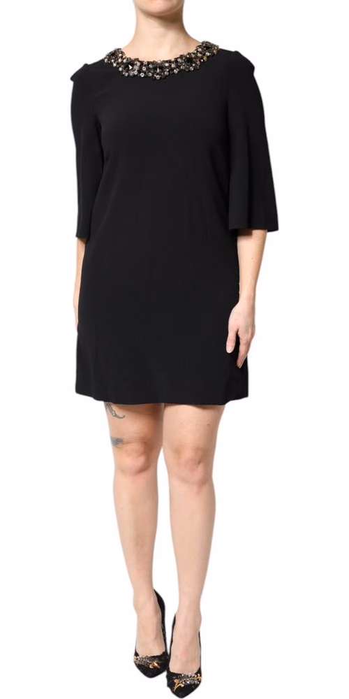 Dolce & Gabbana Black Crystal Embellished Round Neck Mini Dress