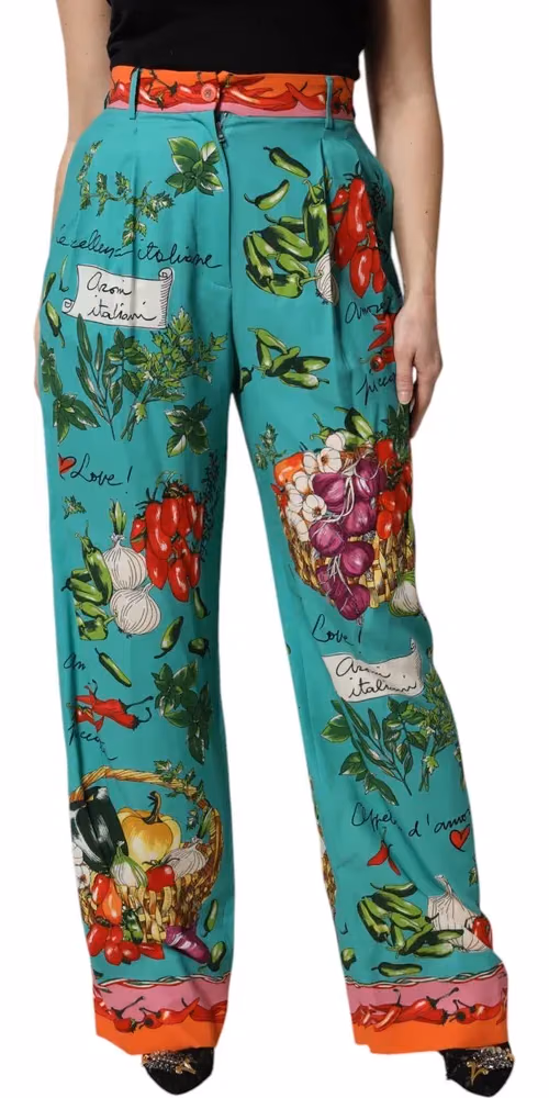 Dolce & Gabbana Green Silk Printed Straight Pants