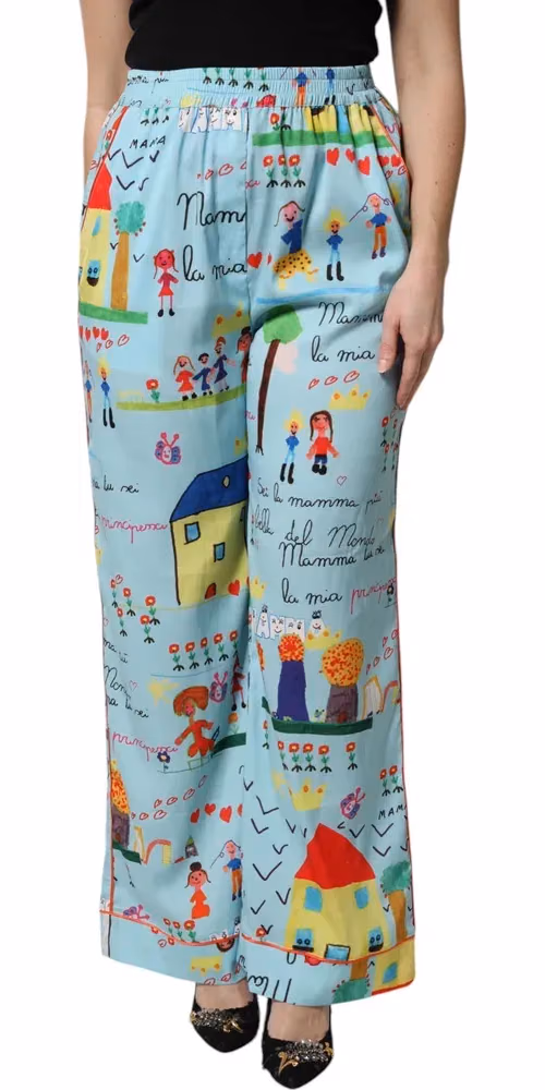 Dolce & Gabbana Light Blue Drawing Mid Waist Wide Leg Pants
