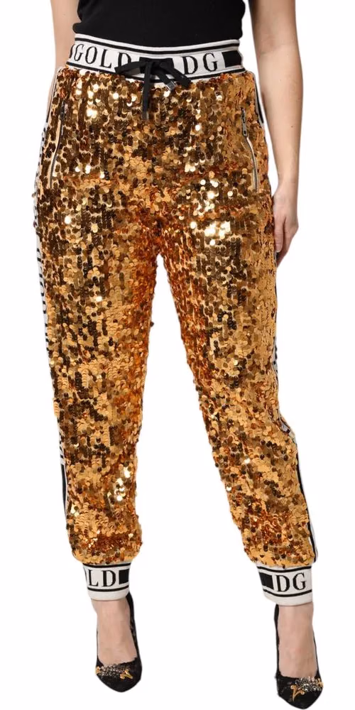 Dolce & Gabbana Metallic Gold DG Logo Sequined Jogger Pants