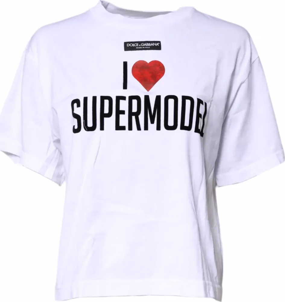 Dolce & Gabbana White Printed Round Neck Top Cotton T-shirt