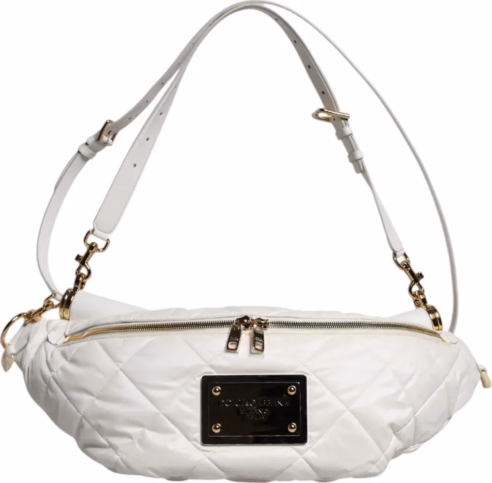 Dolce & Gabbana White Quilted Logo Plaque Belt Waist Fanny Pack Bag