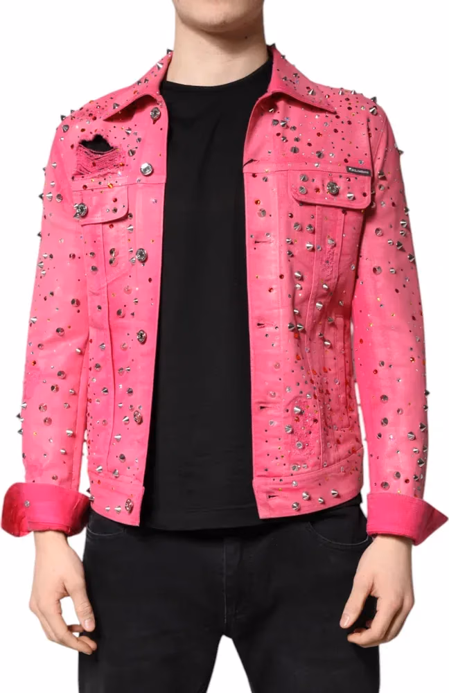 Dolce & Gabbana Pink Crystal Embellished Cotton Denim Jacket