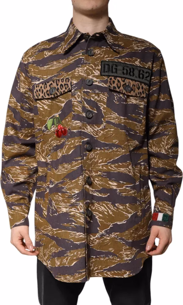 Dolce & Gabbana Brown Leopard Cotton Collared Coat Jacket