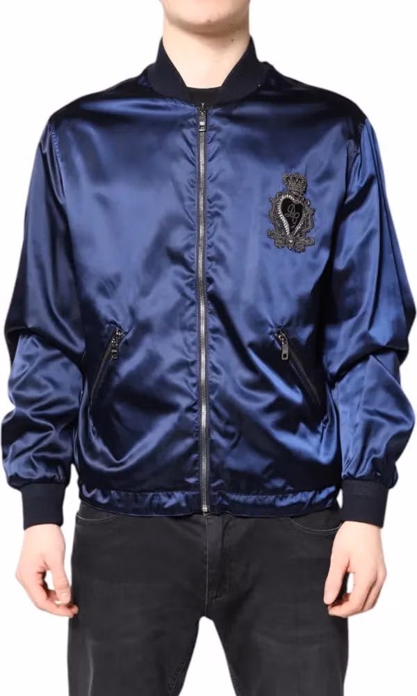 Dolce & Gabbana Blue Nylon DG Crown Full Zip Bomber Jacket