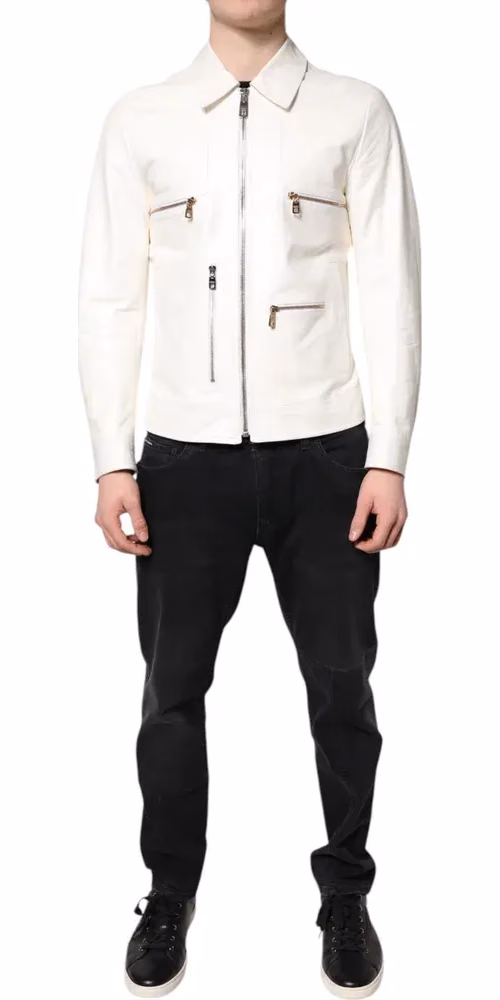 Dolce & Gabbana White Collared Full Zip Biker Coat Jacket