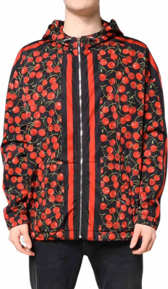 Dolce & Gabbana Black Cherry Print Hooded Windbreaker Jacket