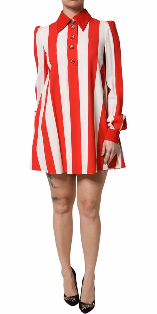 Dolce & Gabbana White Red Stripes Long Sleeves Mini Dress