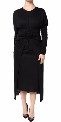 Black Wool Long Sleeves Sheath Midi Dress