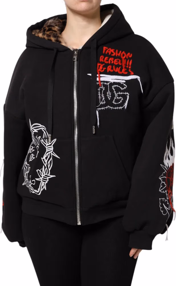 Dolce & Gabbana Black Embroidered Full Zip Hooded Jacket