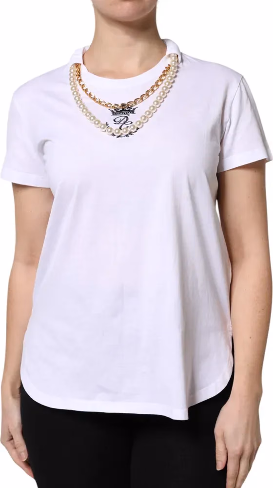 Dolce & Gabbana White Chain Pearl Cotton Round Neck T-shirt