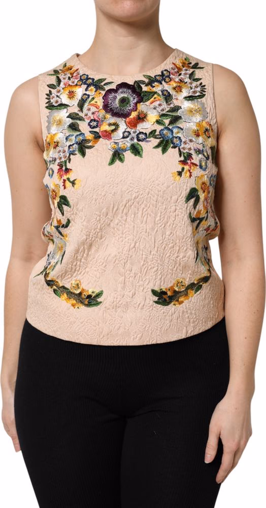 Dolce & Gabbana Beige Floral Embroidery Sleeveless Tank Top