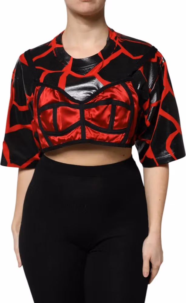 Dolce & Gabbana Red Black Cotton Bustier Detailing Cropped Top