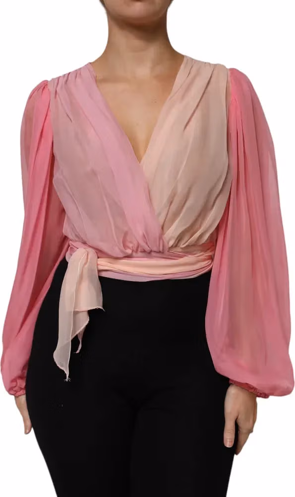 Dolce & Gabbana Pink Plunging V-neck Long Sleeves Blouse Top