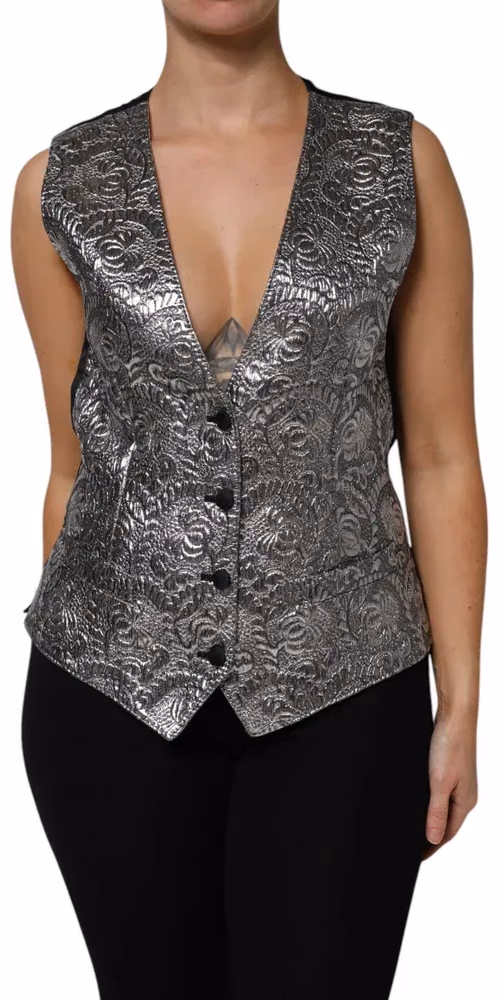 Dolce & Gabbana Silver Floral Jacquard Sleeveless Vest Top