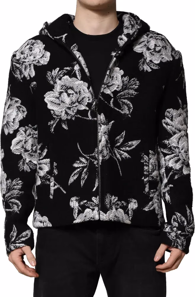 Dolce & Gabbana Black Wool Floral Printed Men Hooded Jacket
