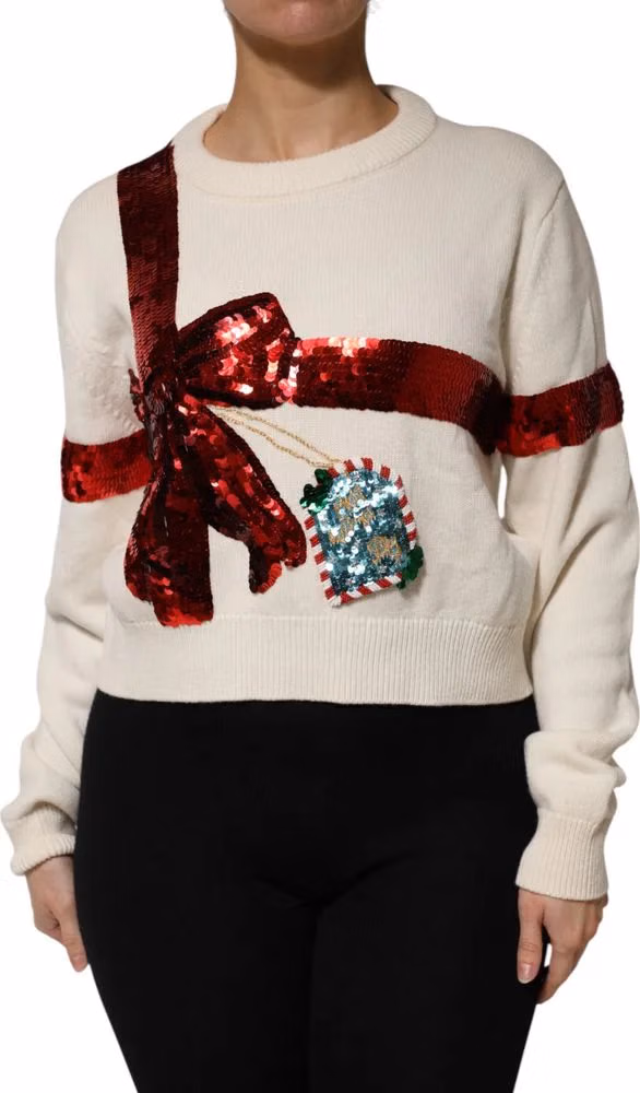 Dolce & Gabbana White Sequined Crew Neck Pullover Sweater