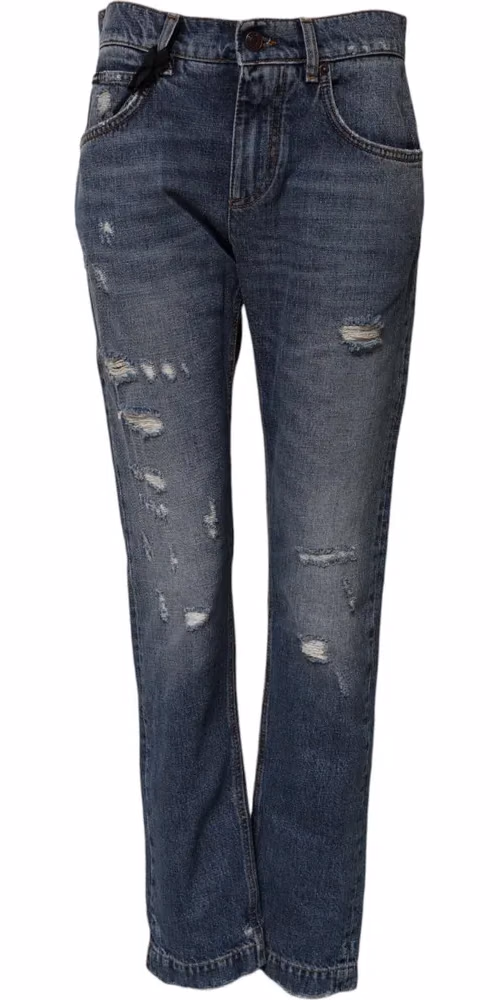 Dolce & Gabbana Blue Cotton Tattered Boyfriend Denim Jeans