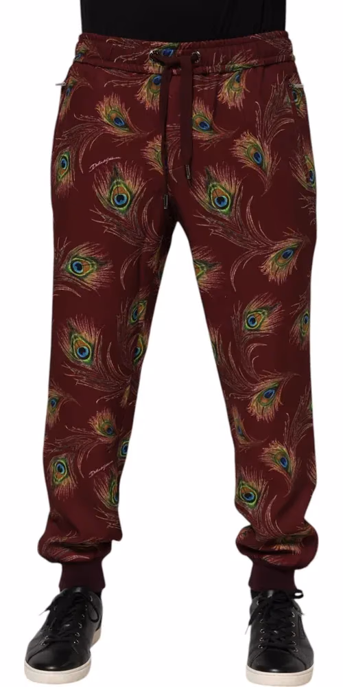 Dolce & Gabbana Burgundy Peacock Feather Print Jogger Pants