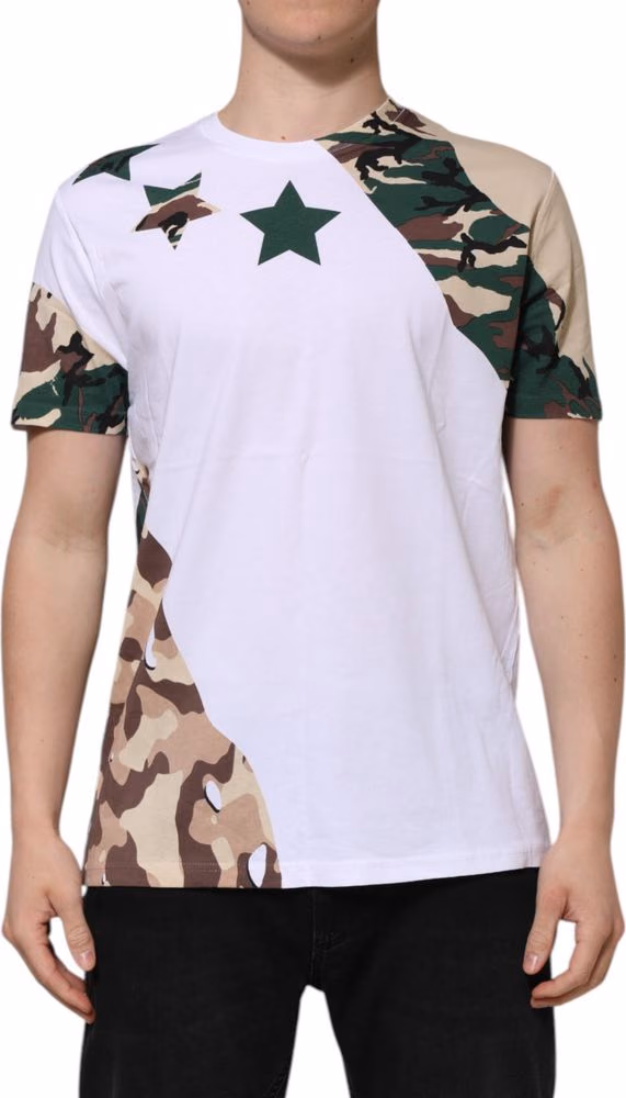 Dolce & Gabbana White Camouflage Cotton Men Crew Neck T-shirt
