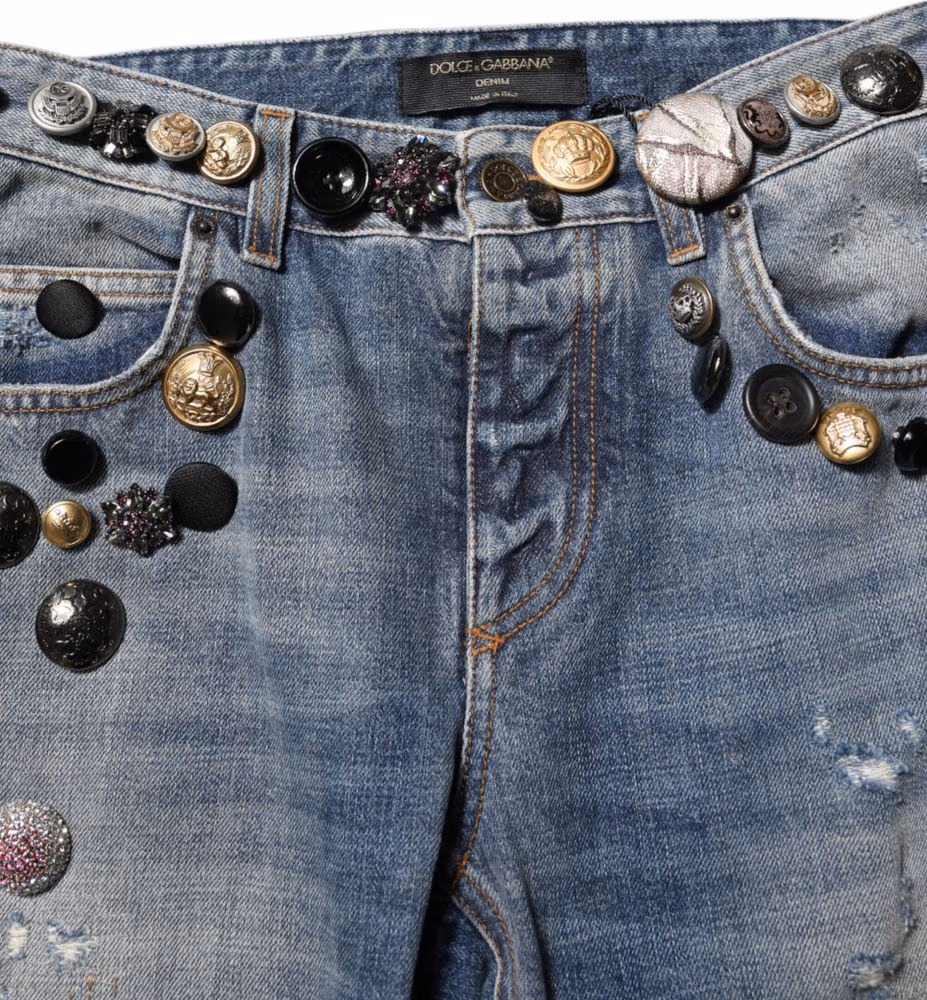 Dolce & Gabbana Blue Embellished Tattered SkinnyDenim Jeans