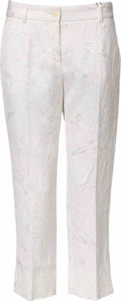 Dolce & Gabbana White Cotton Floral Jacquard Pants