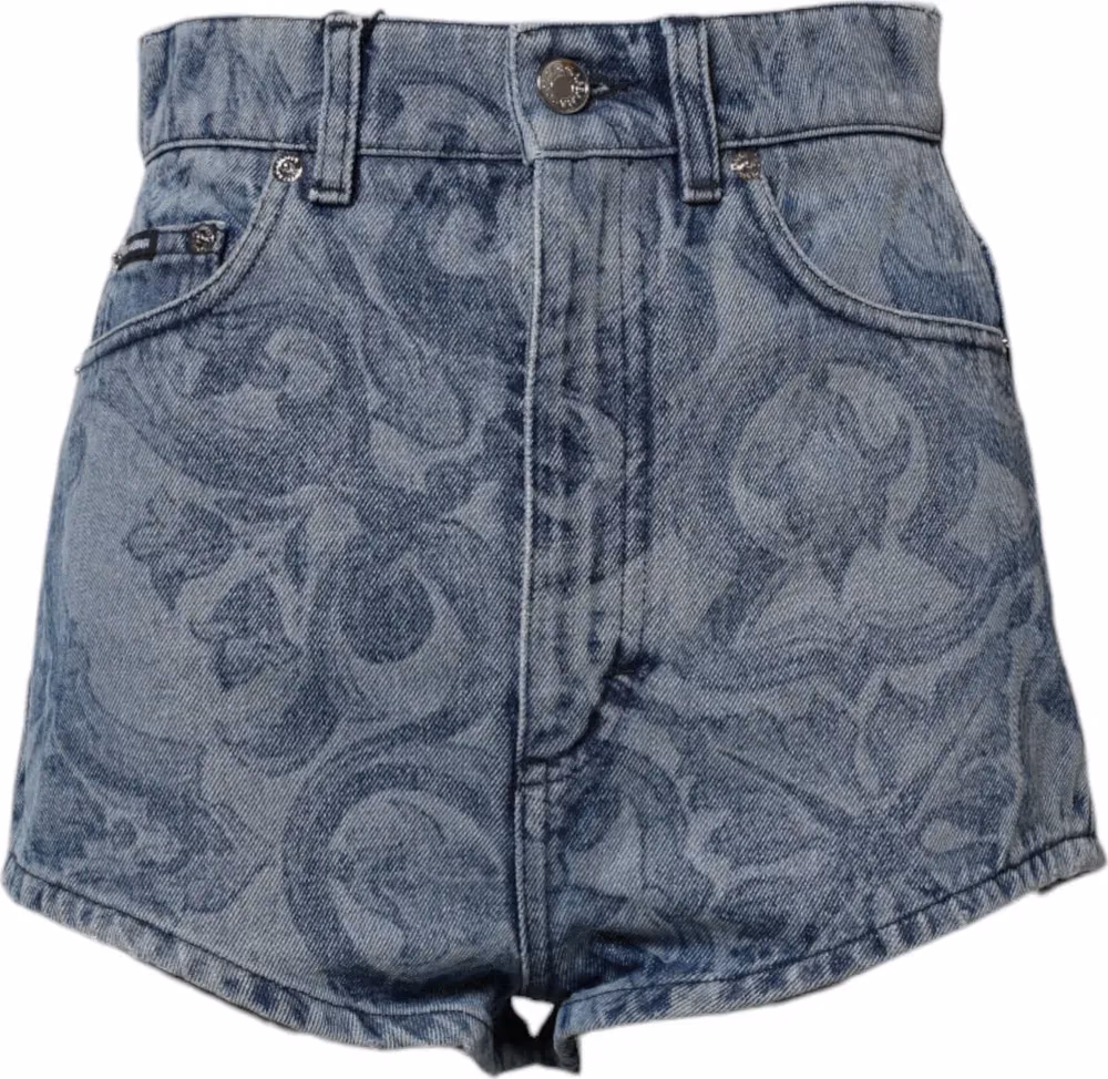Dolce & Gabbana Blue Floral Print Denim Cotton Hot Pants Shorts