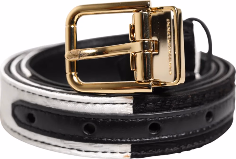 Dolce & Gabbana Black White Patchwork Gold Metal Buckle Belt