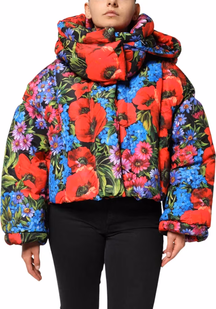 Dolce & Gabbana Multicolor Floral Hooded Puffer Coat Jacket