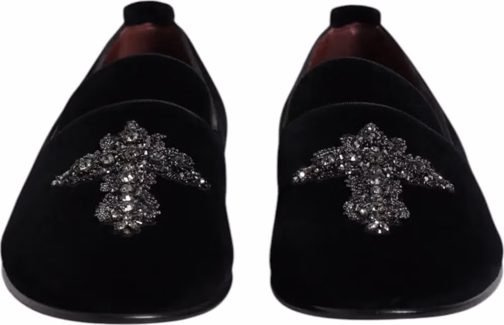 Dolce & Gabbana Black Velvet Embellished Loafer Slip On Shoes
