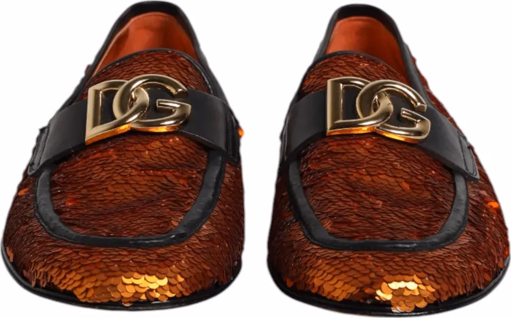 Dolce & Gabbana Orange Sequin Embellished Men Loafers Shoes