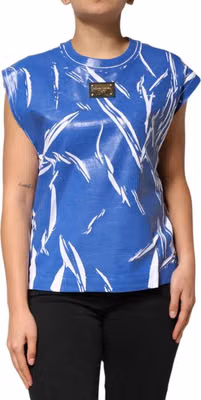 Blue White Cotton Logo Plaque Women Tank Top