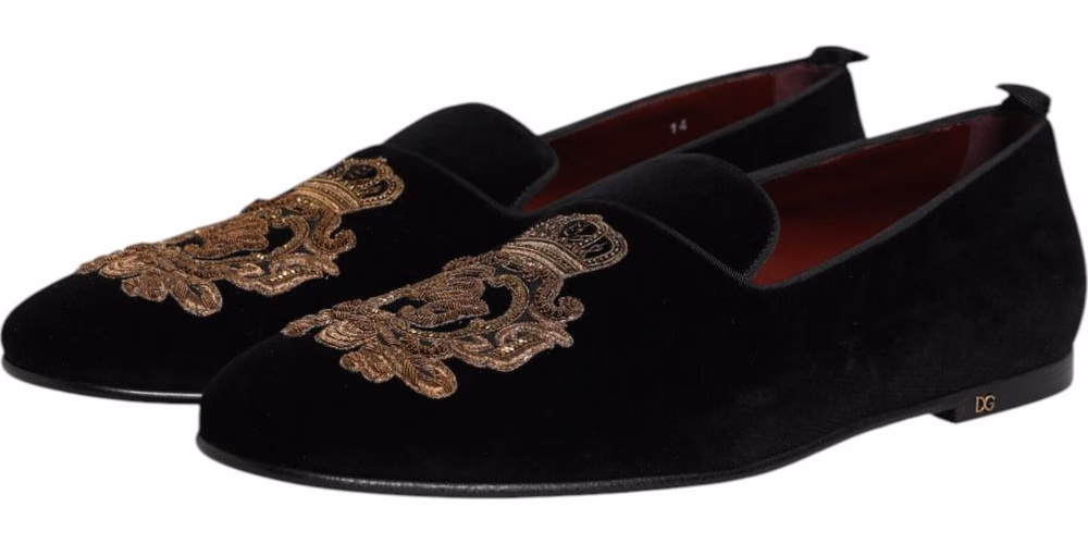 Dolce & Gabbana Black Velvet Gold Crown Mens Loafers Shoes