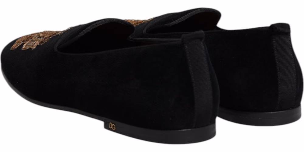 Dolce & Gabbana Black Velvet Gold Crown Mens Loafers Shoes