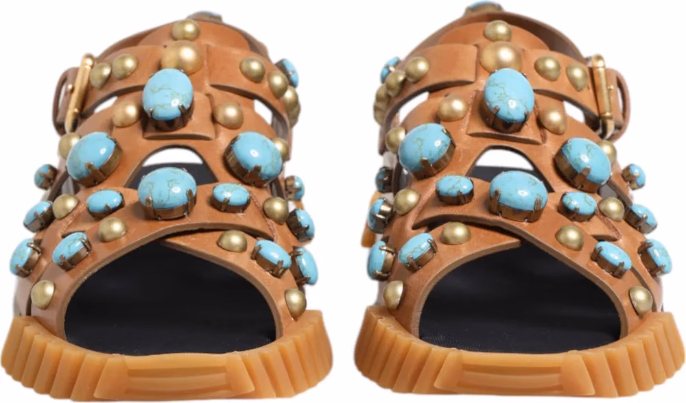 Dolce & Gabbana Brown Leather Studded Slides Sandals Shoes