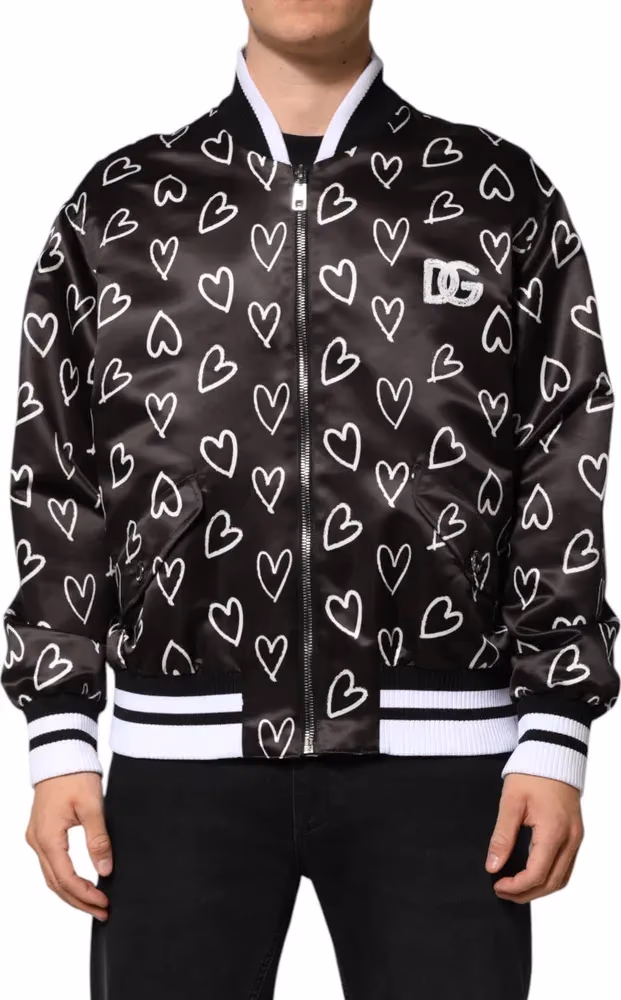 Dolce & Gabbana Black Polyester Heart Print Bomber Jacket
