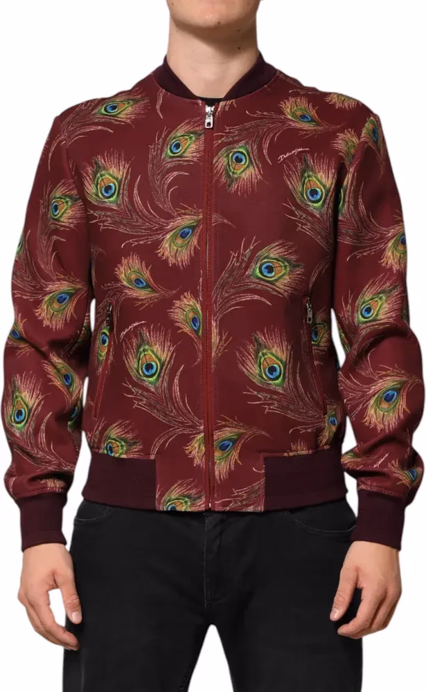Dolce & Gabbana Maroon Peacock Feather Print Bomber Jacket