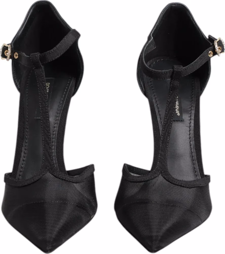 Dolce & Gabbana Black Mesh T-strap Stiletto High Heels Shoes