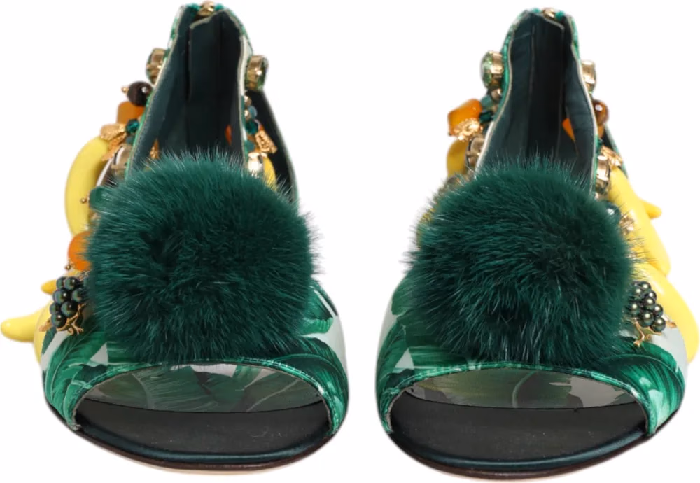 Dolce & Gabbana Green Mink Fur Satin Banana Leaf Sandals Shoes