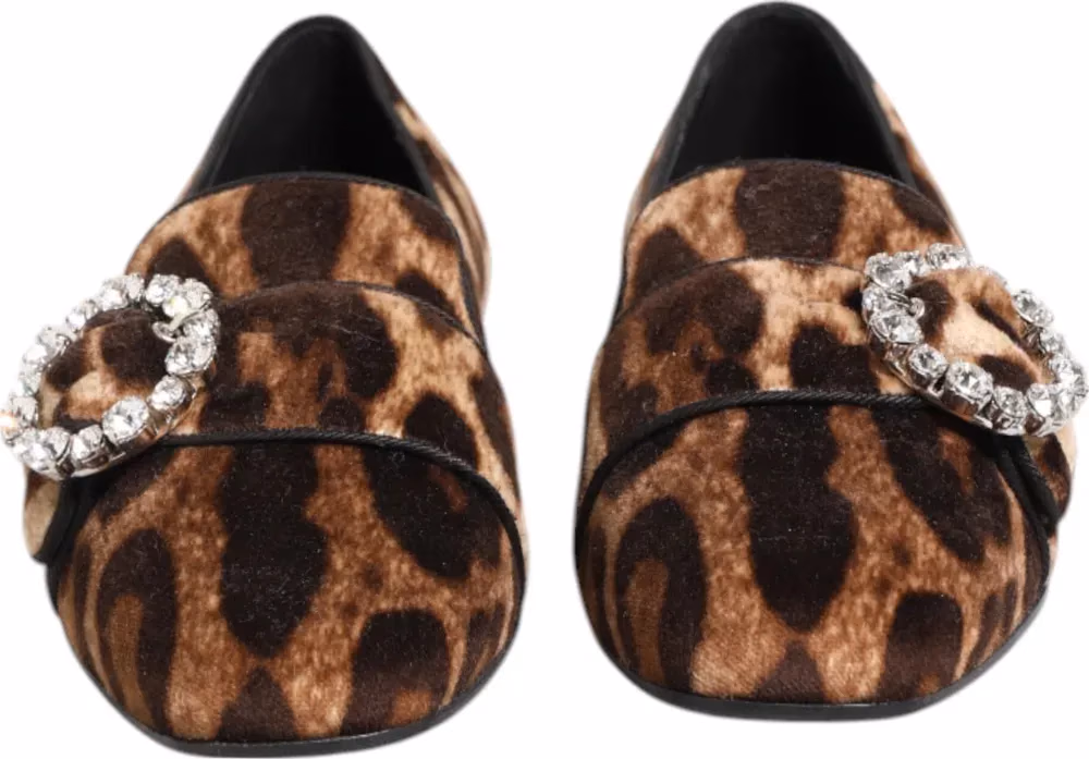 Dolce & Gabbana Brown Leopard Print Crystals Loafers Flats Shoes