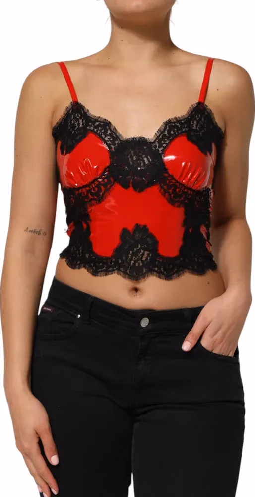 Dolce & Gabbana Red Black Lace Trim Polyester Sleeveless Tank Top