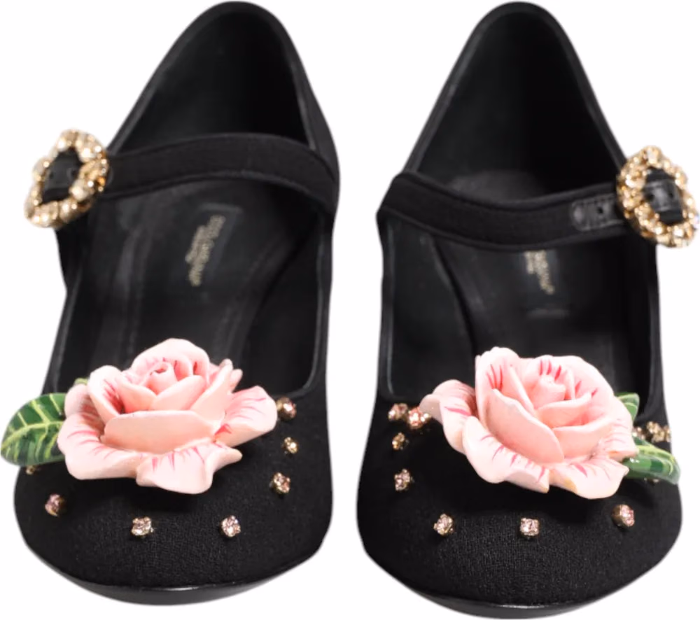 Dolce & Gabbana Black Flower Crystal Embellished Mary Jane Shoes