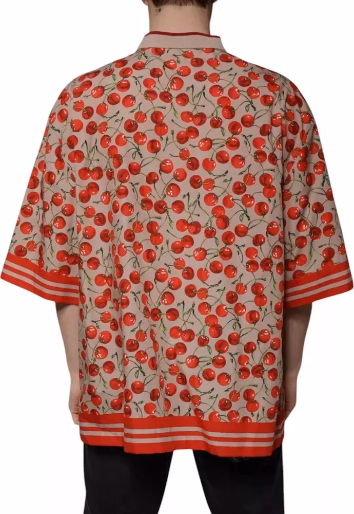 Dolce & Gabbana Beige Cherry Nylon Buttoned Casual Shirt