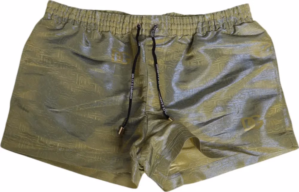 Dolce & Gabbana Green Polyester Metallic Logo Print Men Swimwear